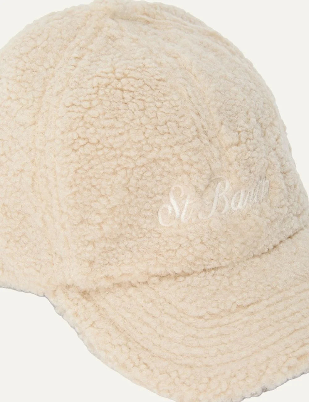 Mc2 Saint Barth beige teddy fleece baseball cap with curved visor and tonal embroidered Saint Barth logo side