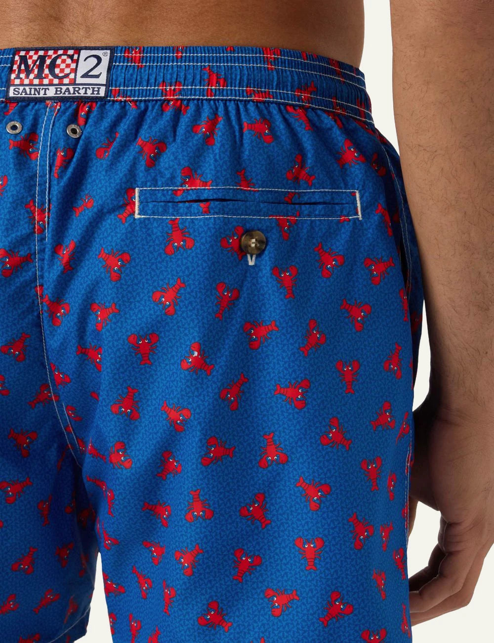 MC2 Saint Barth blue swim shorts with red lobster print back detail view