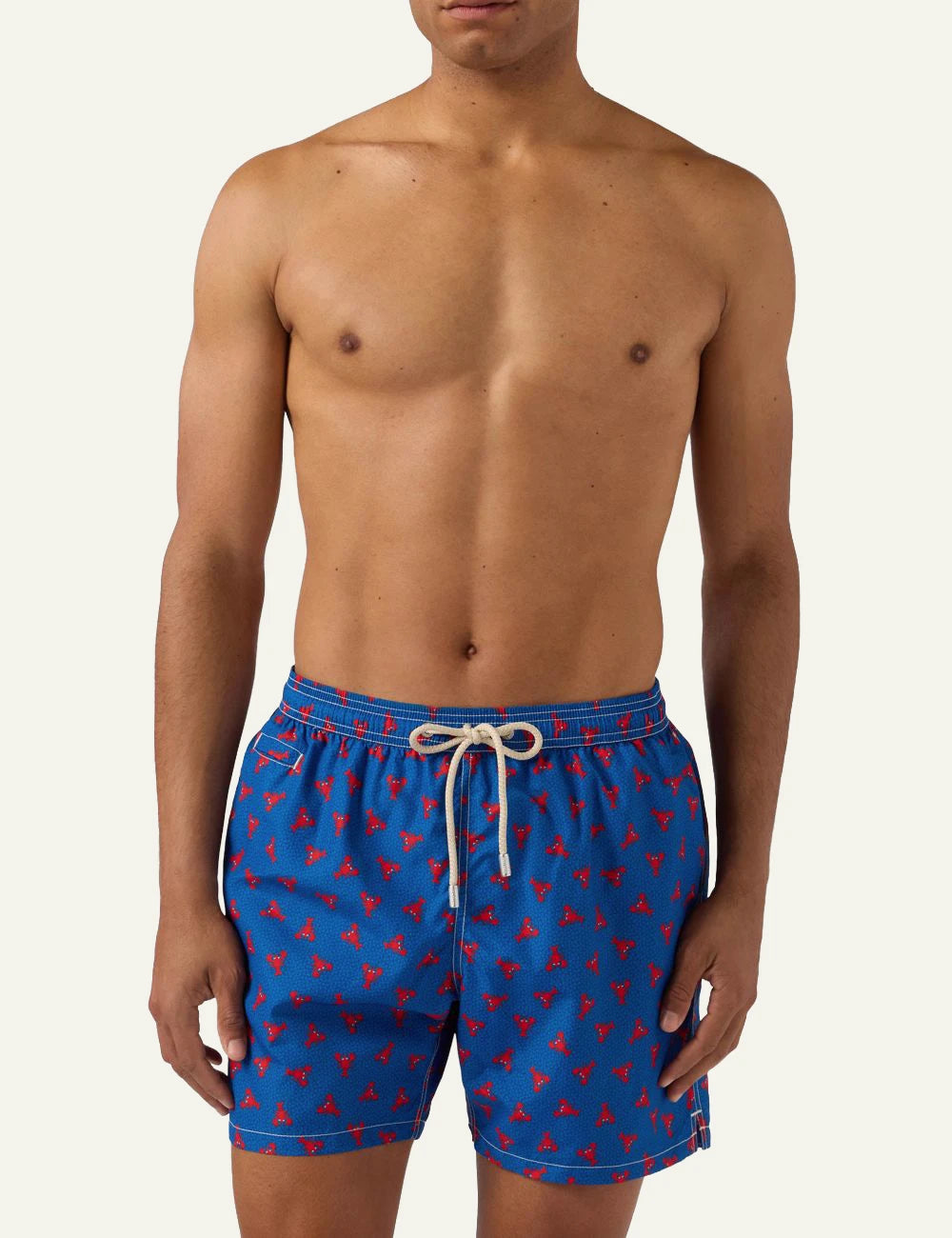 MC2 Saint Barth blue swim shorts with red lobster print front view