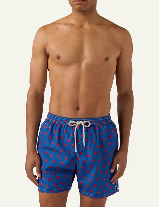 MC2 Saint Barth blue swim shorts with red lobster print front view