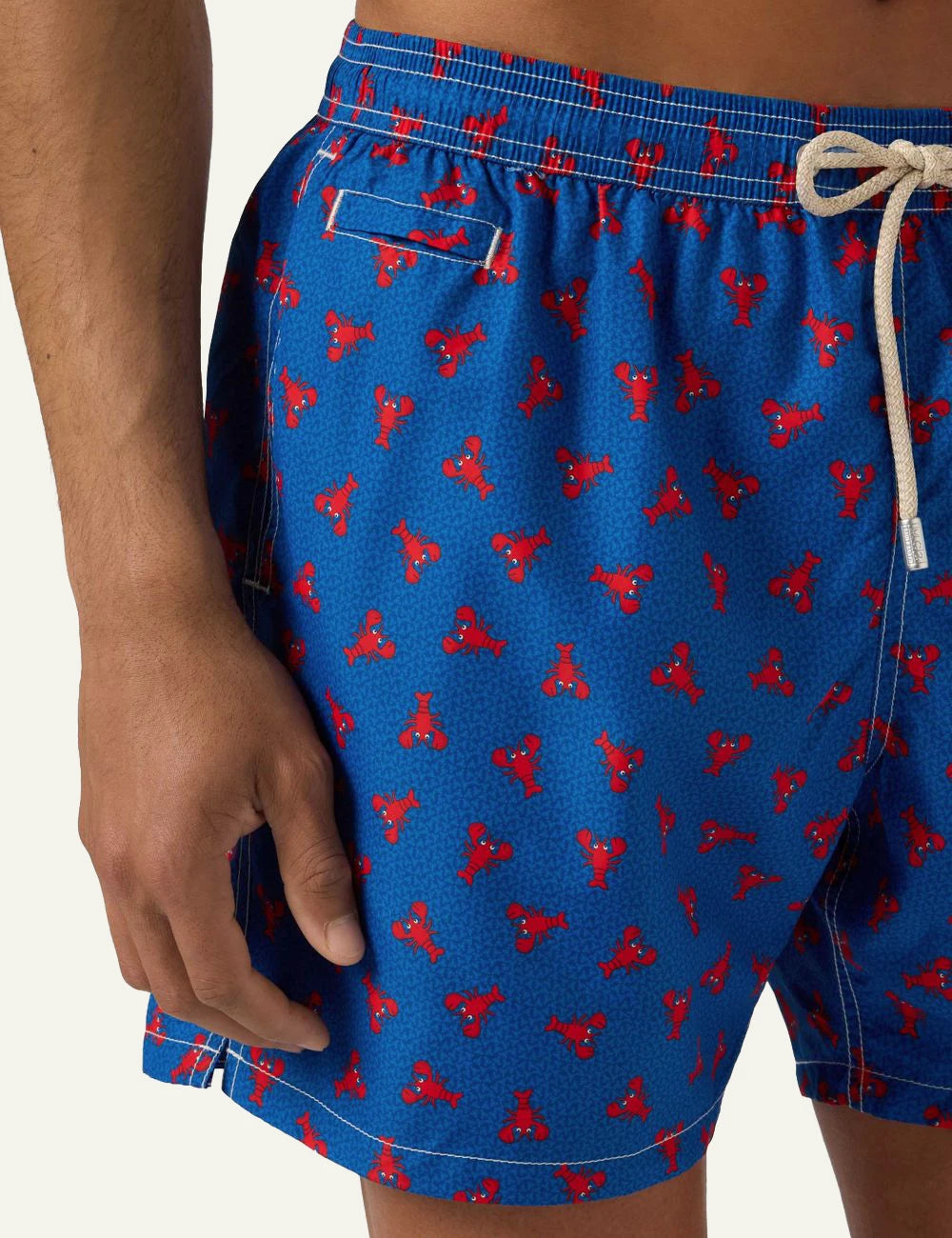 MC2 Saint Barth blue swim shorts with red lobster print front detail view