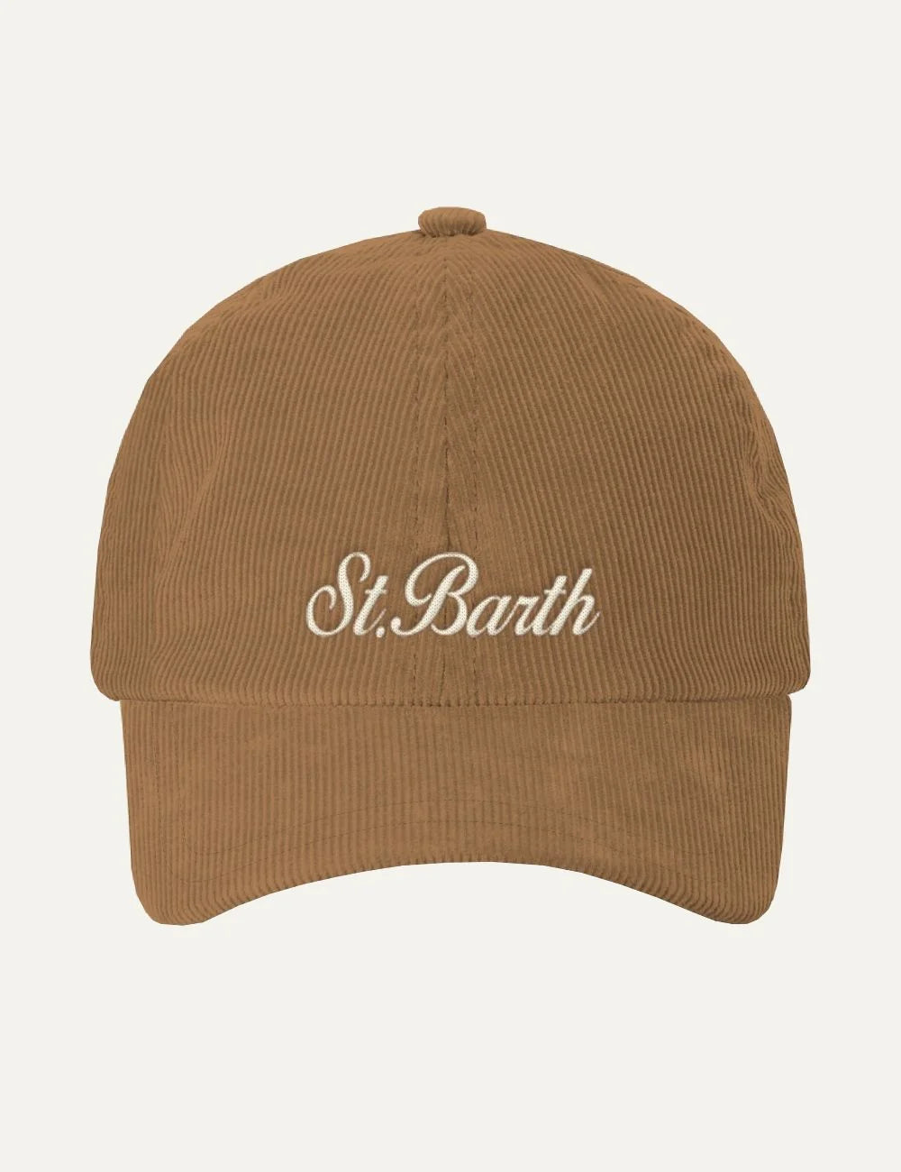 MC2 Saint Barth brown corduroy baseball cap with curved brim and white embroidered St. Barth logofront view