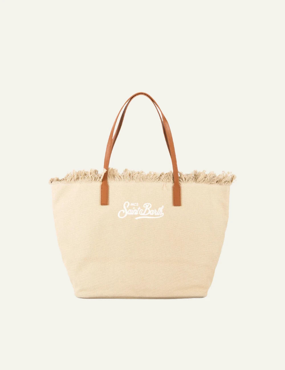 MC2 Saint Barth canvas tote bag beige fringe large shoulder bag front view