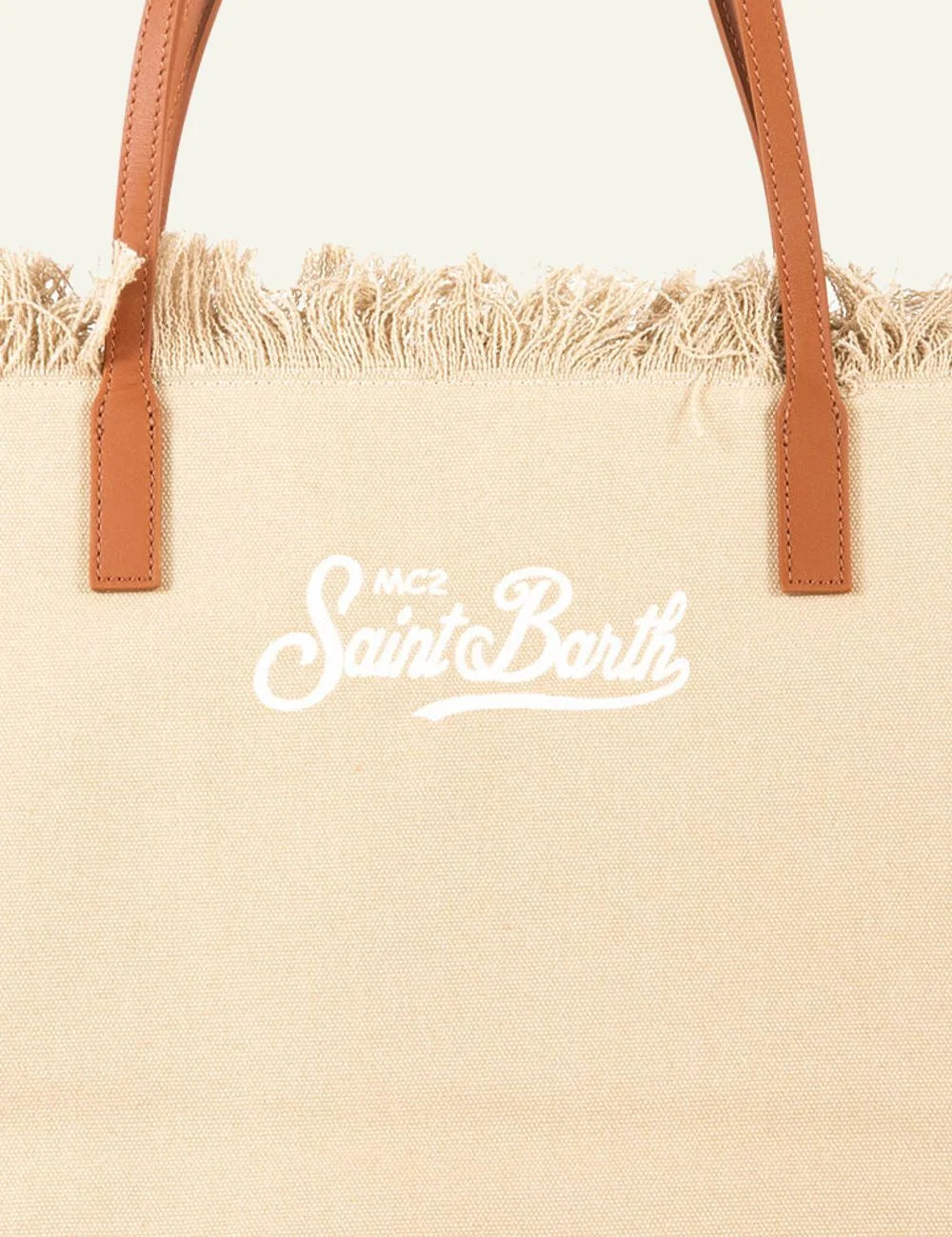 MC2 Saint Barth canvas tote bag beige fringe large shoulder bag front detail view
