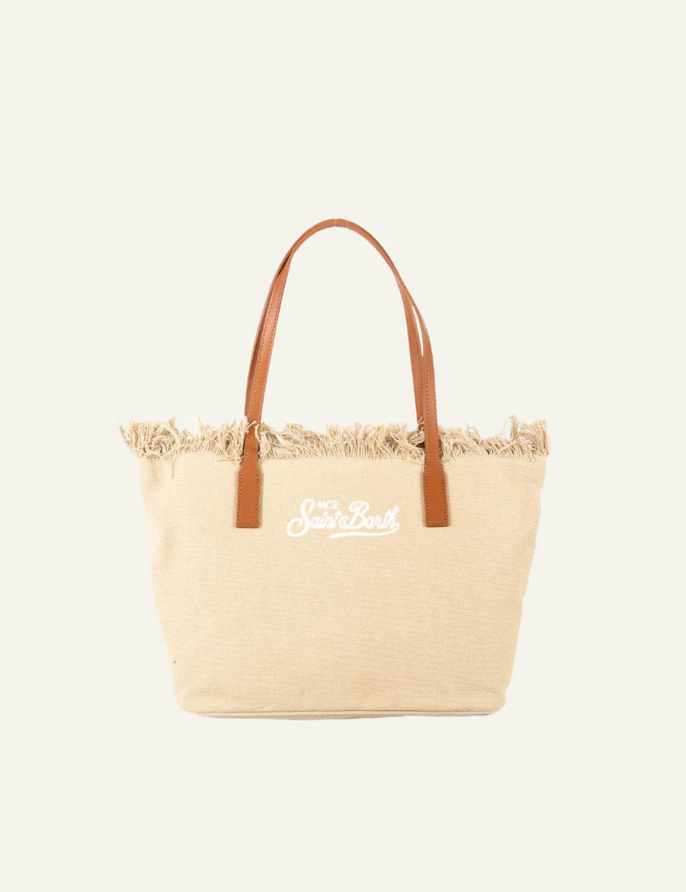MC2 Saint Barth canvas tote bag beige fringe shoulder bag front view