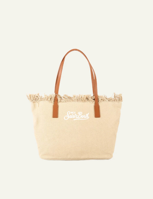 MC2 Saint Barth canvas tote bag beige fringe shoulder bag front view