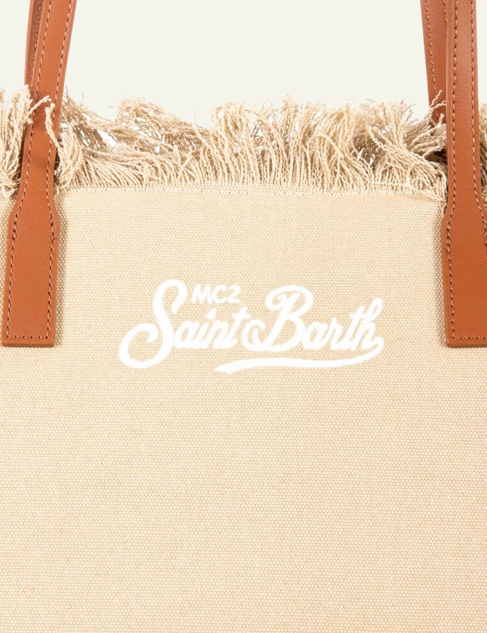 MC2 Saint Barth canvas tote bag beige fringe shoulder bag front detail view