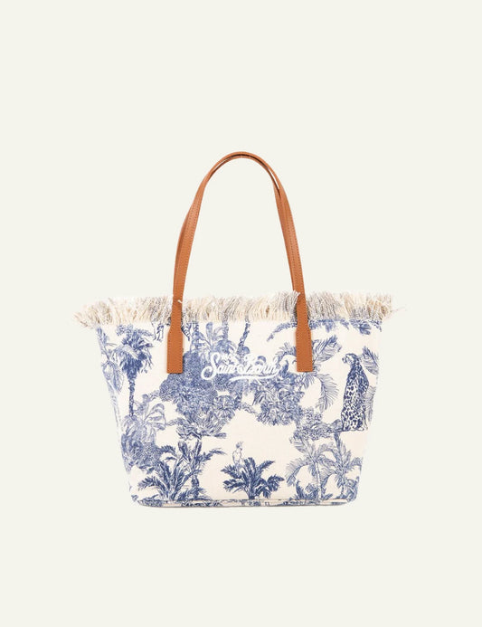 MC2 Saint Barth canvas tote bag blue tropical print palm shoulder bag front view