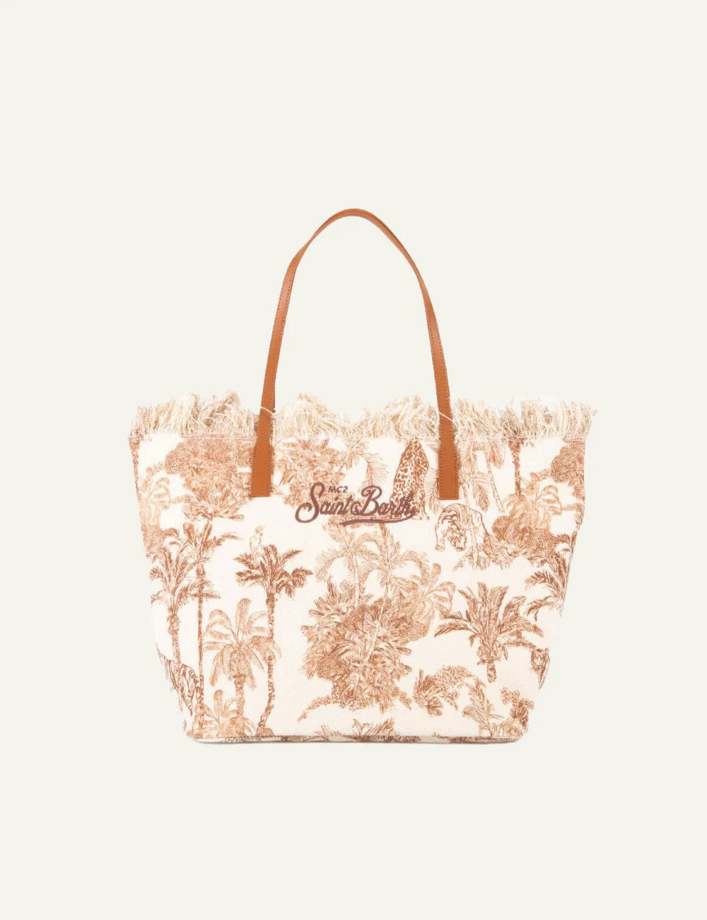 MC2 Saint Barth canvas tote bag brown tropical print large shoulder bag front view