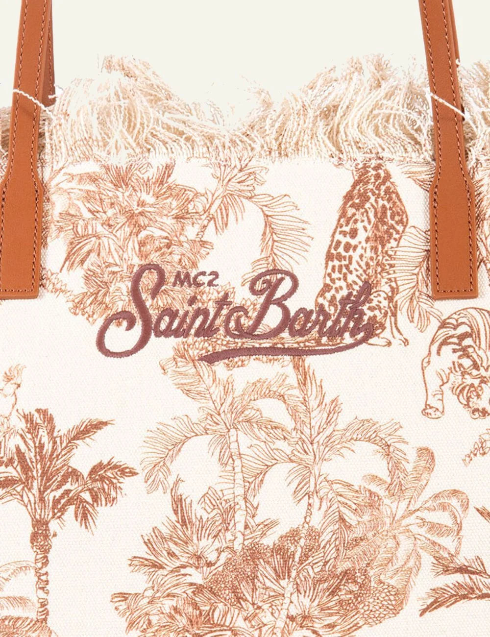 MC2 Saint Barth canvas tote bag brown tropical print large shoulder bag front detail view