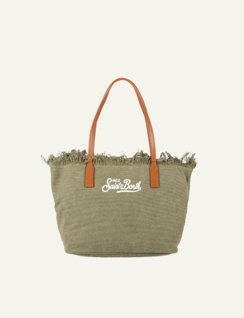 MC2 Saint Barth canvas tote bag khaki fringe shoulder bag front view