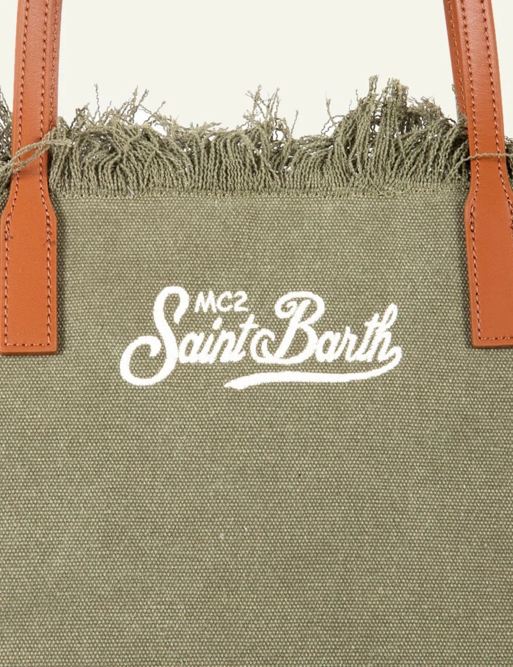 MC2 Saint Barth canvas tote bag khaki fringe shoulder bag front detail view