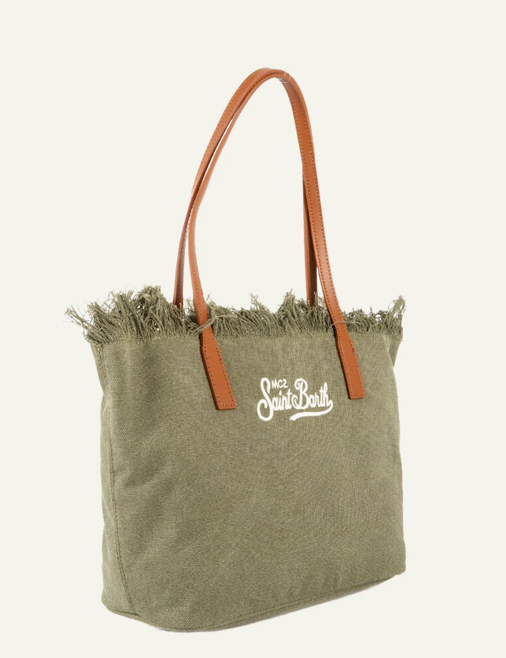 MC2 Saint Barth canvas tote bag khaki fringe shoulder bag side view