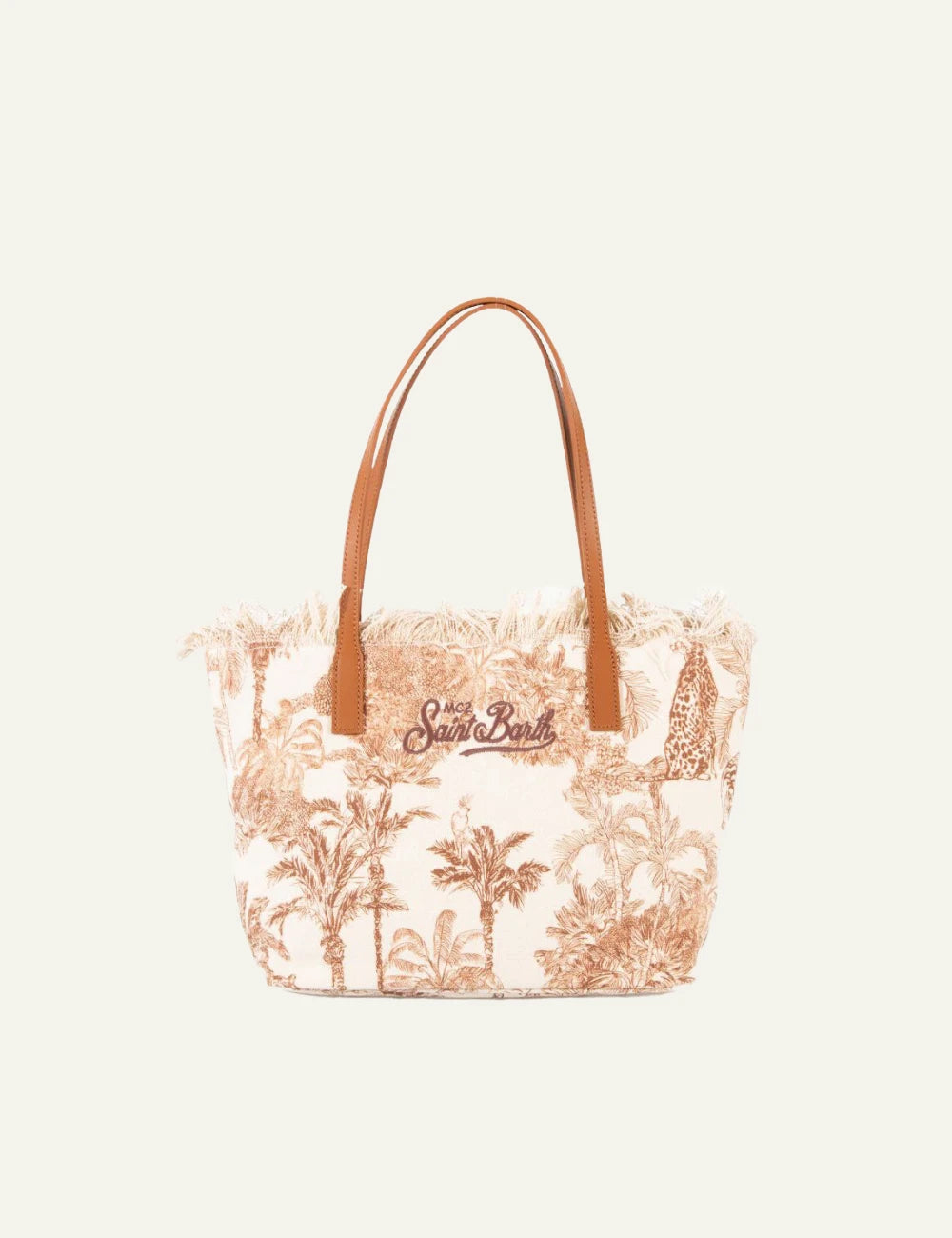 MC2 Saint Barth canvas tote bag tropical print brown palm shoulder bag front view