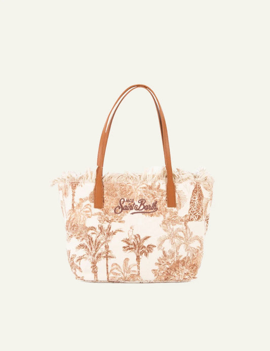 MC2 Saint Barth canvas tote bag tropical print brown palm shoulder bag front view