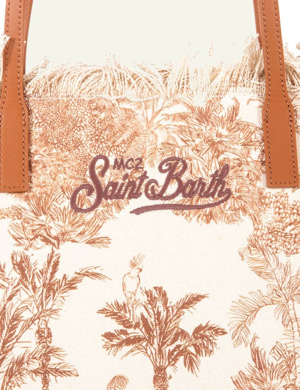 MC2 Saint Barth canvas tote bag tropical print brown palm shoulder bag front detail view