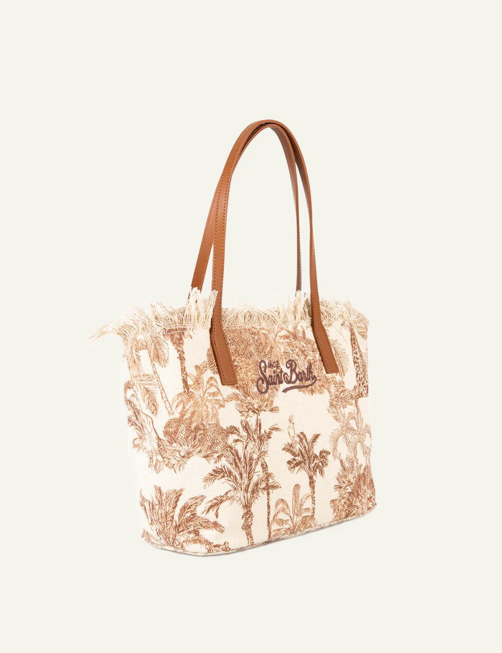 MC2 Saint Barth canvas tote bag tropical print brown palm shoulder bag side view