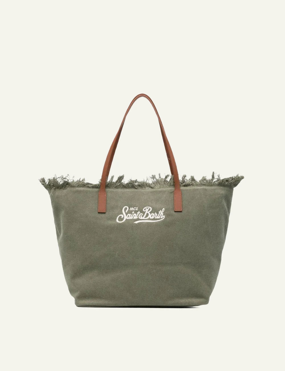 MC2 Saint Barth canvas tote bag green fringe large shoulder bag front view