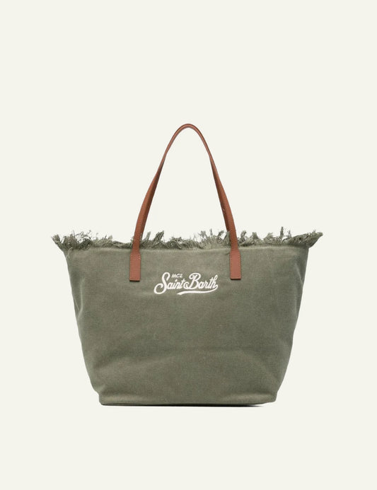 MC2 Saint Barth canvas tote bag green fringe large shoulder bag front view