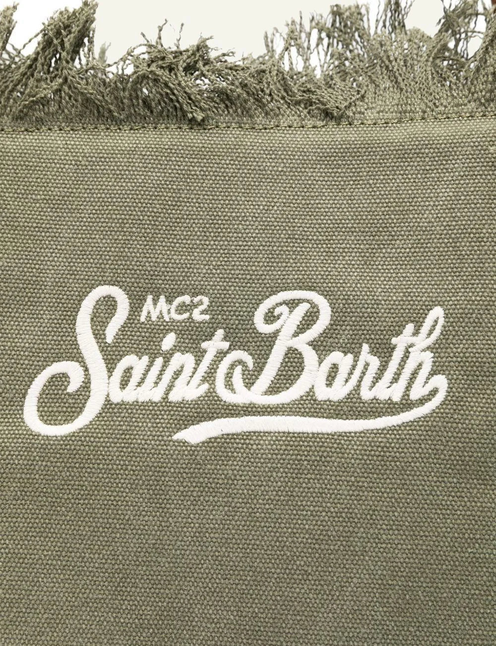 MC2 Saint Barth canvas tote bag green fringe large shoulder bag front detail view