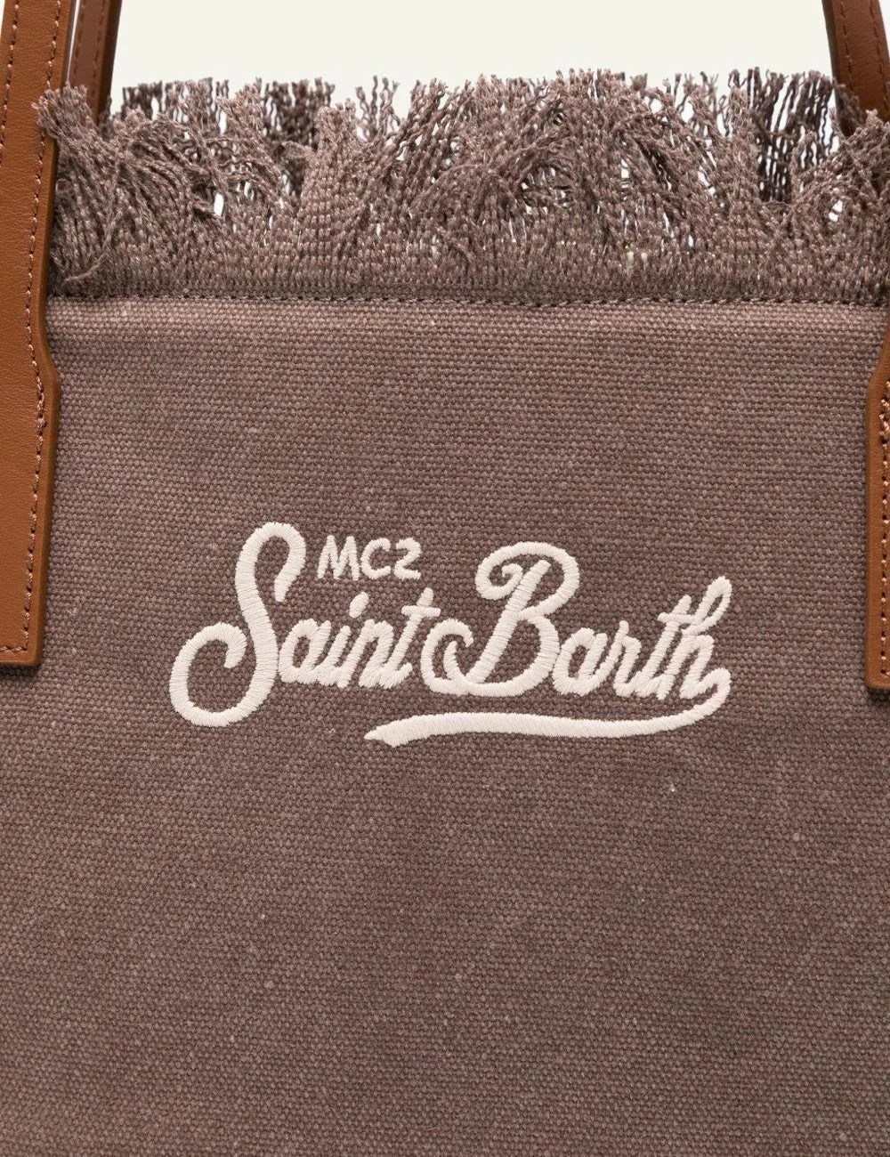 MC2 Saint Barth city bag mid fringe marrone canvas tote shoulder bag front detail view