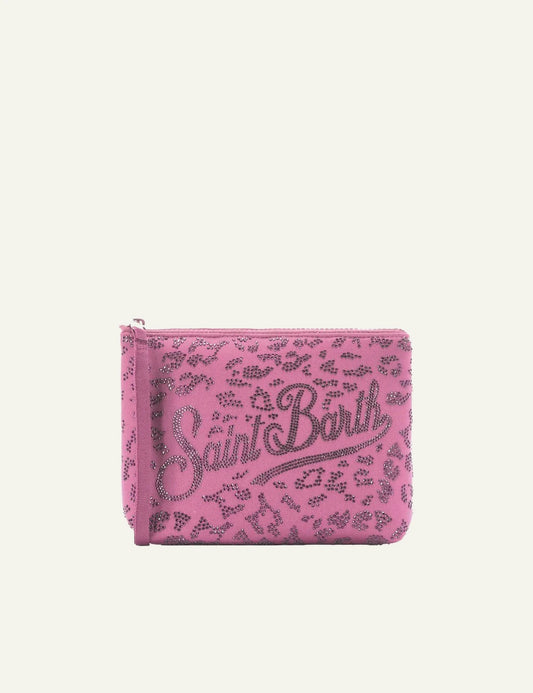 MC2 Saint Barth clutch pink animal print strass logo wristlet front view