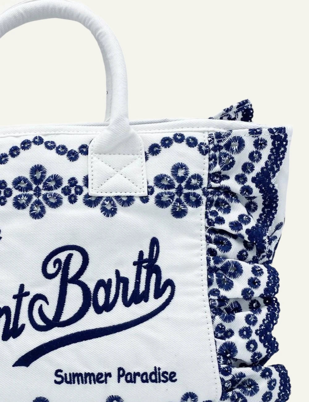 Mc2 Saint Barth Colette broderie anglaise bag white blue embroidery front detail view
