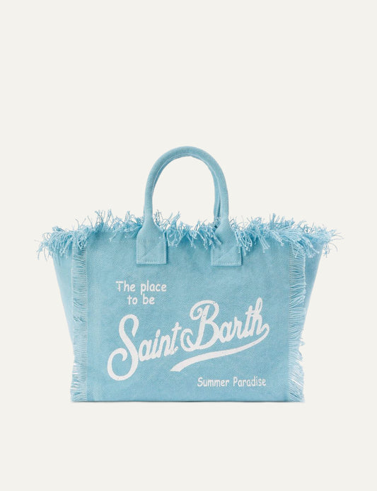 mc2 saint barth colette canvas bag light blue fringed tote front view