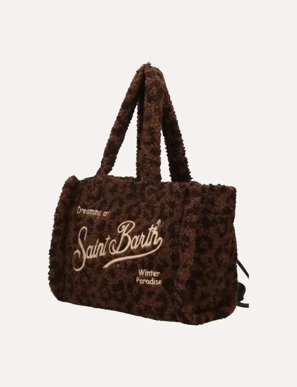 MC2 Saint Barth Colette dark brown leopard print teddy tote bag with long plush handles and beige embroidered Saint Barth logo