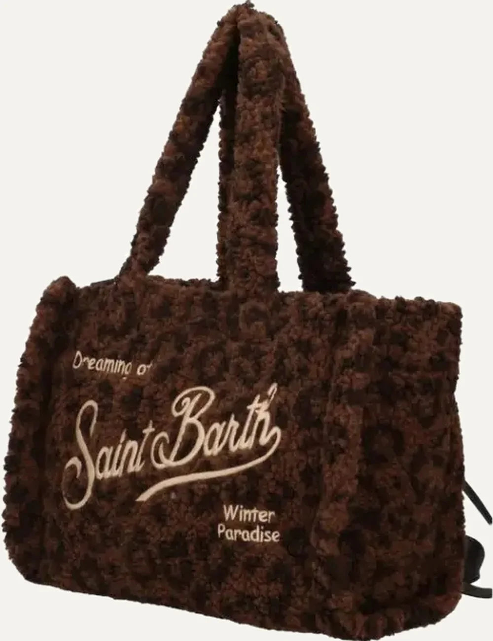 MC2 Saint Barth Colette dark brown leopard print teddy tote bag with long plush handles and beige embroidered Saint Barth logo