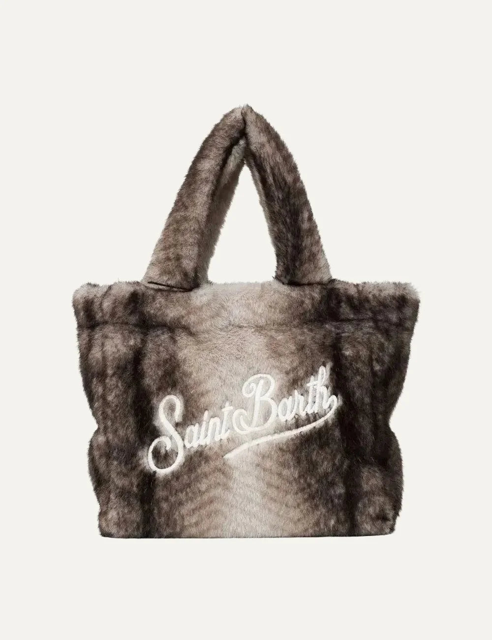 MC2 Saint Barth Colette grey brown faux fur tote bag with matching plush handles and white embroidered Saint Barth logo