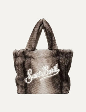 MC2 Saint Barth Colette grey brown faux fur tote bag with matching plush handles and white embroidered Saint Barth logo