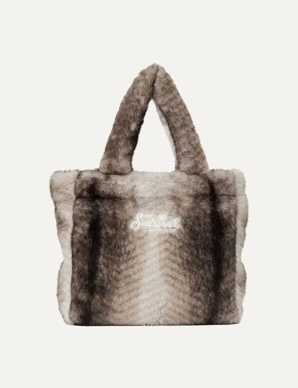MC2 Saint Barth Colette grey brown faux fur tote bag with matching plush handles and white embroidered Saint Barth logo back