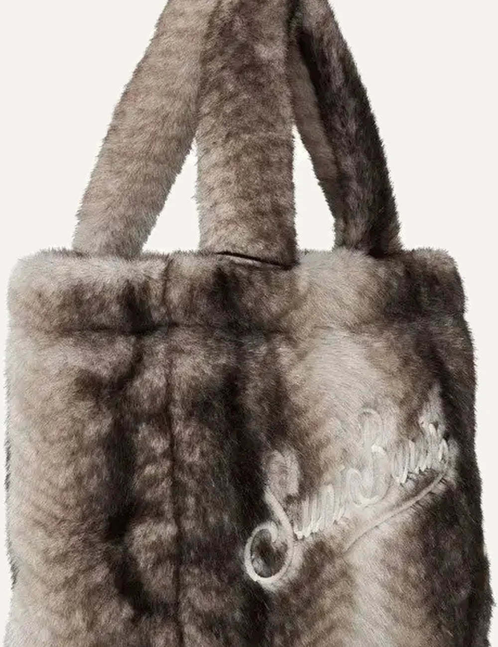 MC2 Saint Barth Colette grey brown faux fur tote bag with matching plush handles and white embroidered Saint Barth logo detail