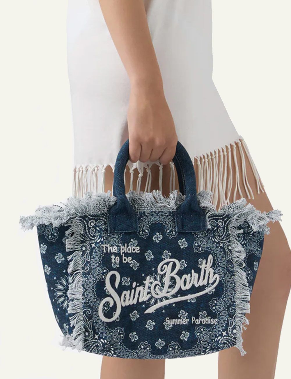 MC2 Saint Barth blue bandana mini tote bag front model view