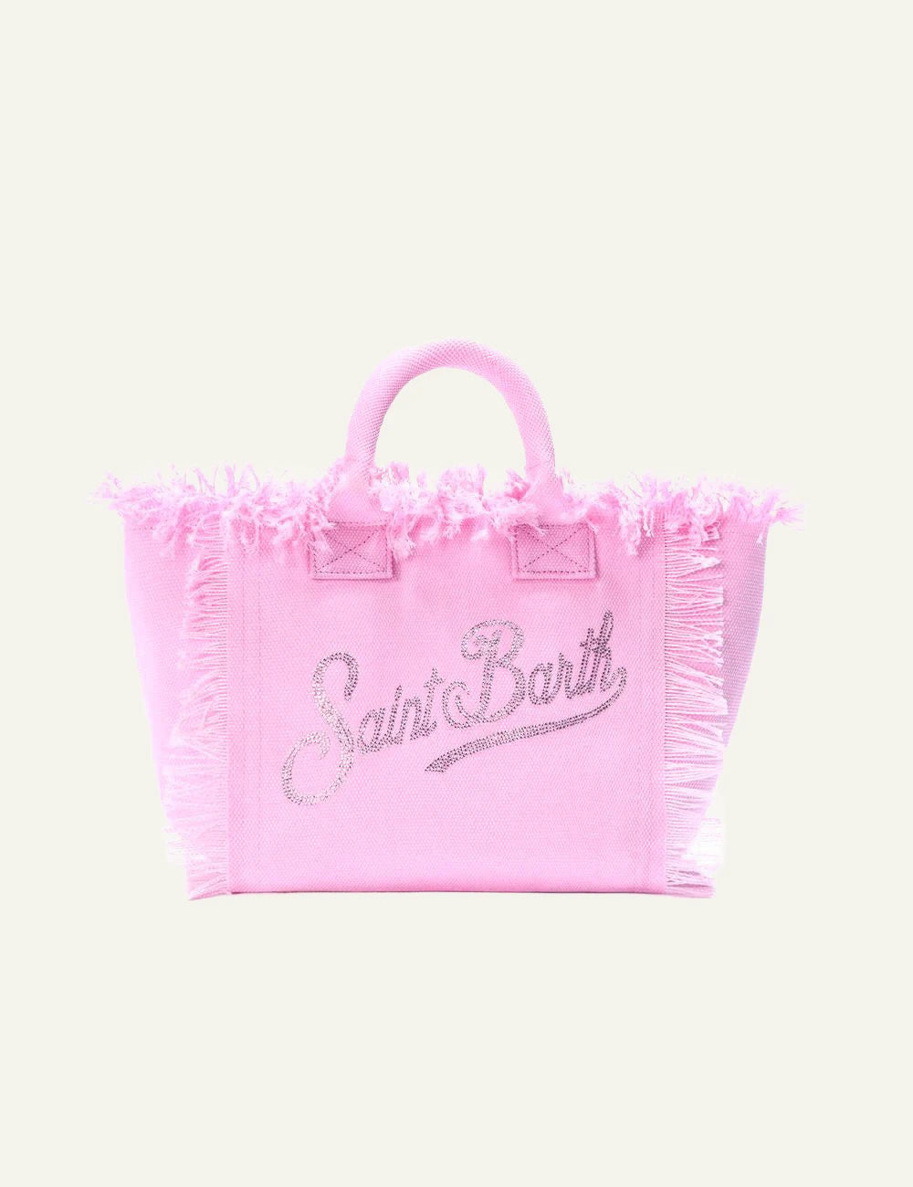 Mc2 Saint Barth Colette mini canvas bag pink rhinestone logo fringed front view