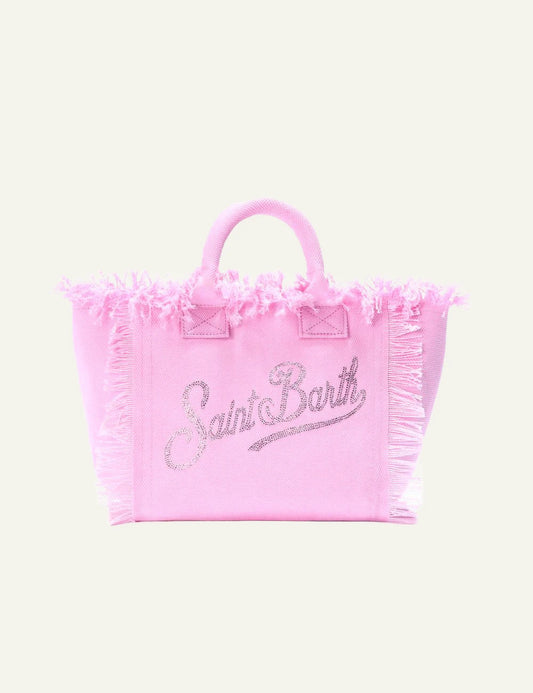 Mc2 Saint Barth Colette mini canvas bag pink rhinestone logo fringed front view