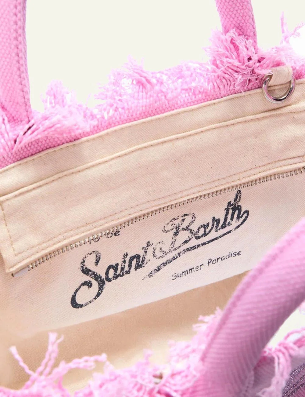 Mc2 Saint Barth Colette mini canvas bag pink rhinestone logo fringed front logo view