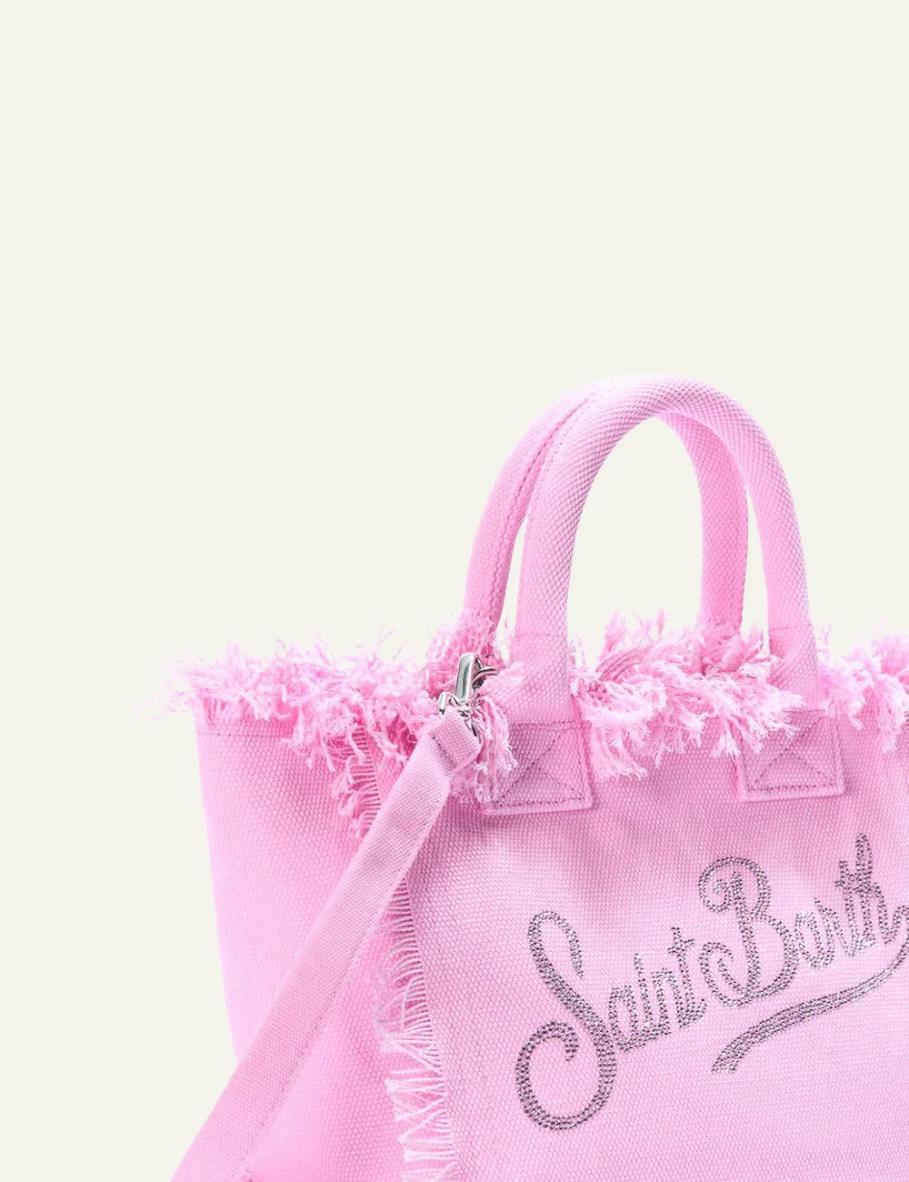 Mc2 Saint Barth Colette mini canvas bag pink rhinestone logo fringed top view