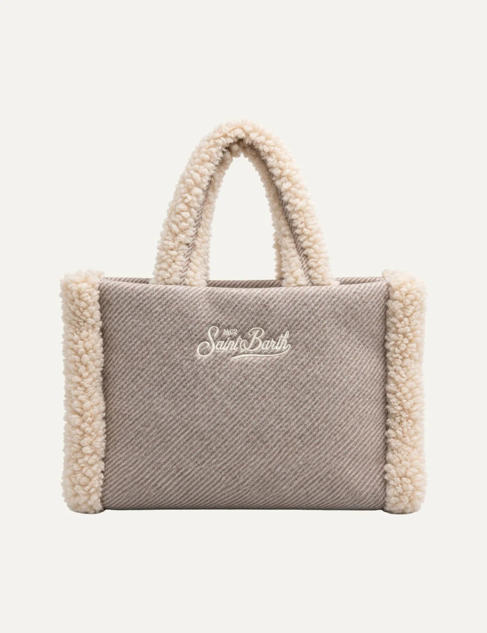 Mc2 Saint Barth Colette Shearling taupe beige tote bag with cream teddy handles, side trims and embroidered Saint Barth logo back