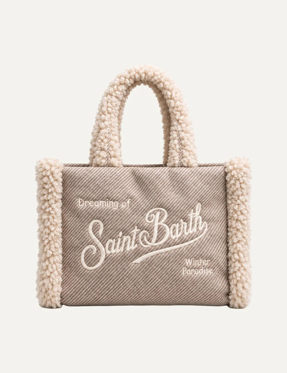 Mc2 Saint Barth Colette Shearling taupe beige tote bag with cream teddy handles, side trims and embroidered Saint Barth logo
