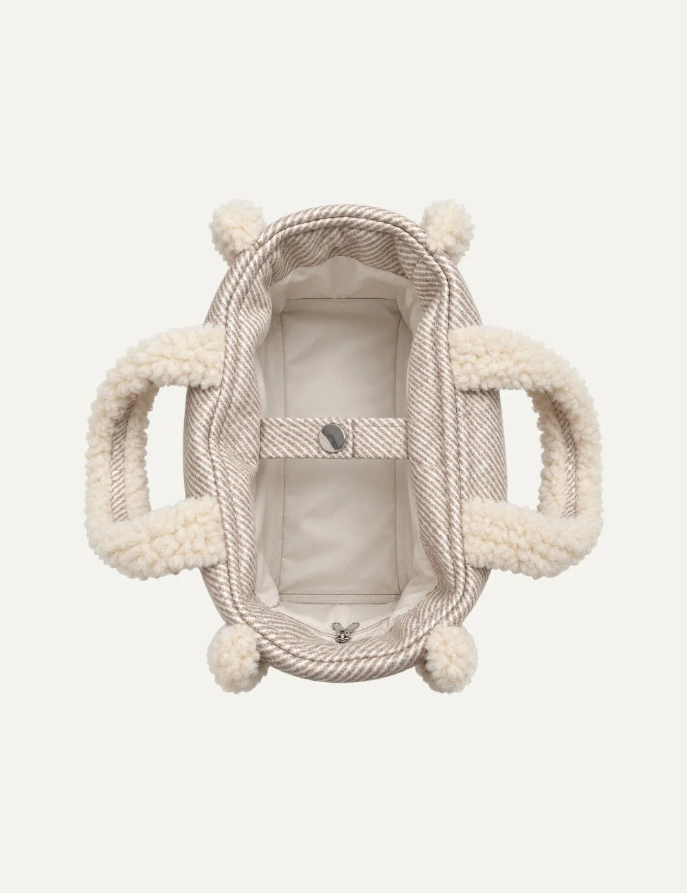 Mc2 Saint Barth Colette Shearling taupe beige tote bag with cream teddy handles, side trims and embroidered Saint Barth logo top