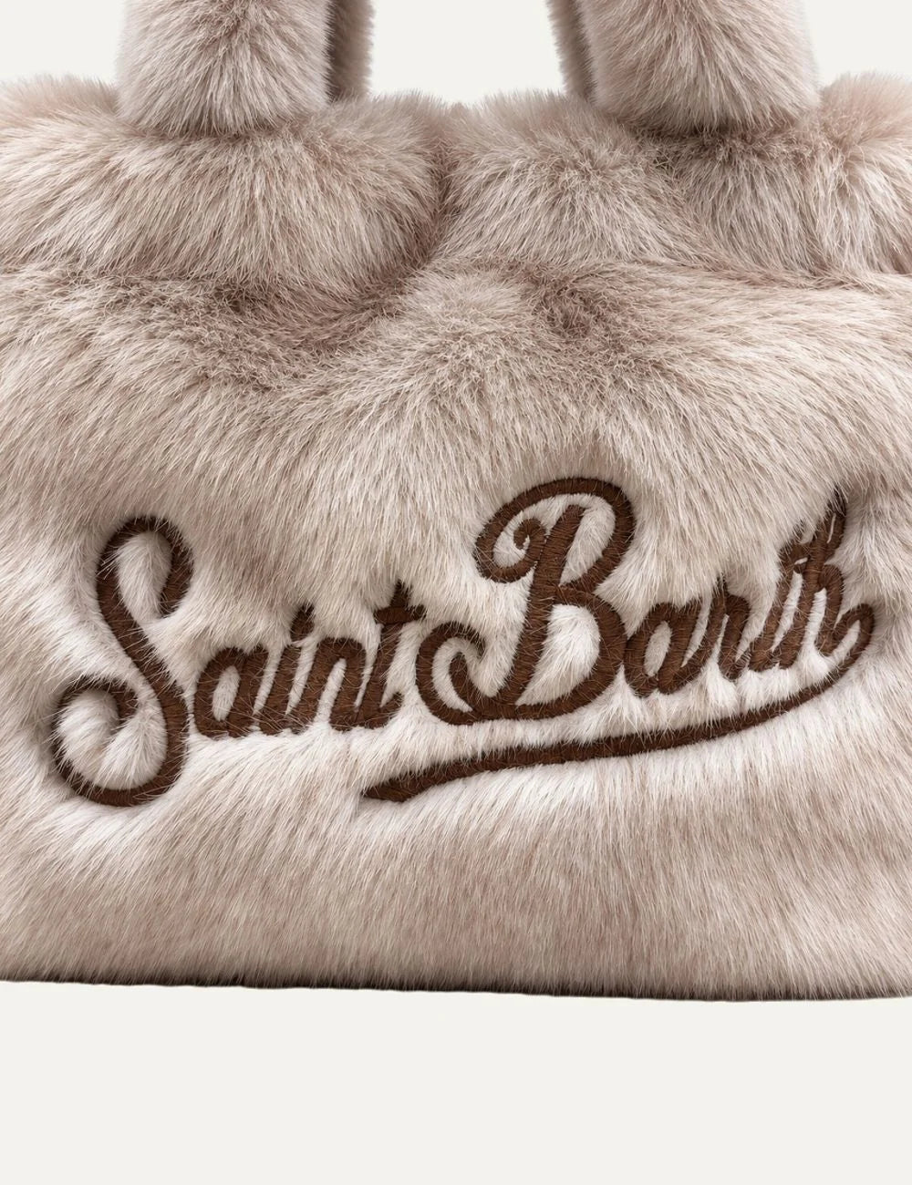 Mc2 Saint Barth Colette Soft Fur beige faux fur tote bag with two plush handles and brown embroidered Saint Barth logo detail