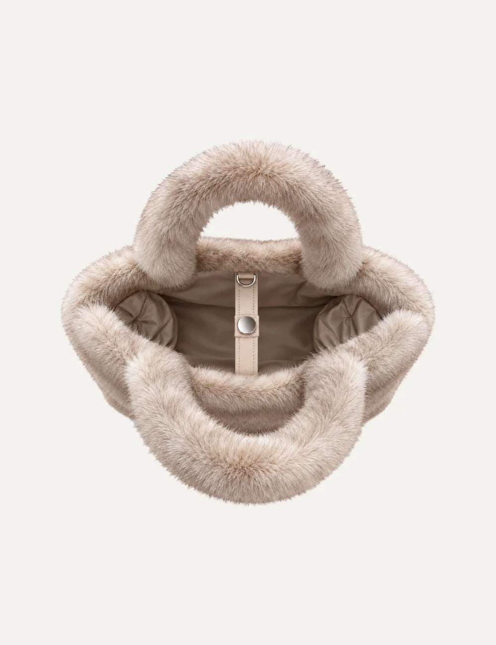 Mc2 Saint Barth Colette Soft Fur beige faux fur tote bag with two plush handles and brown embroidered Saint Barth logo top