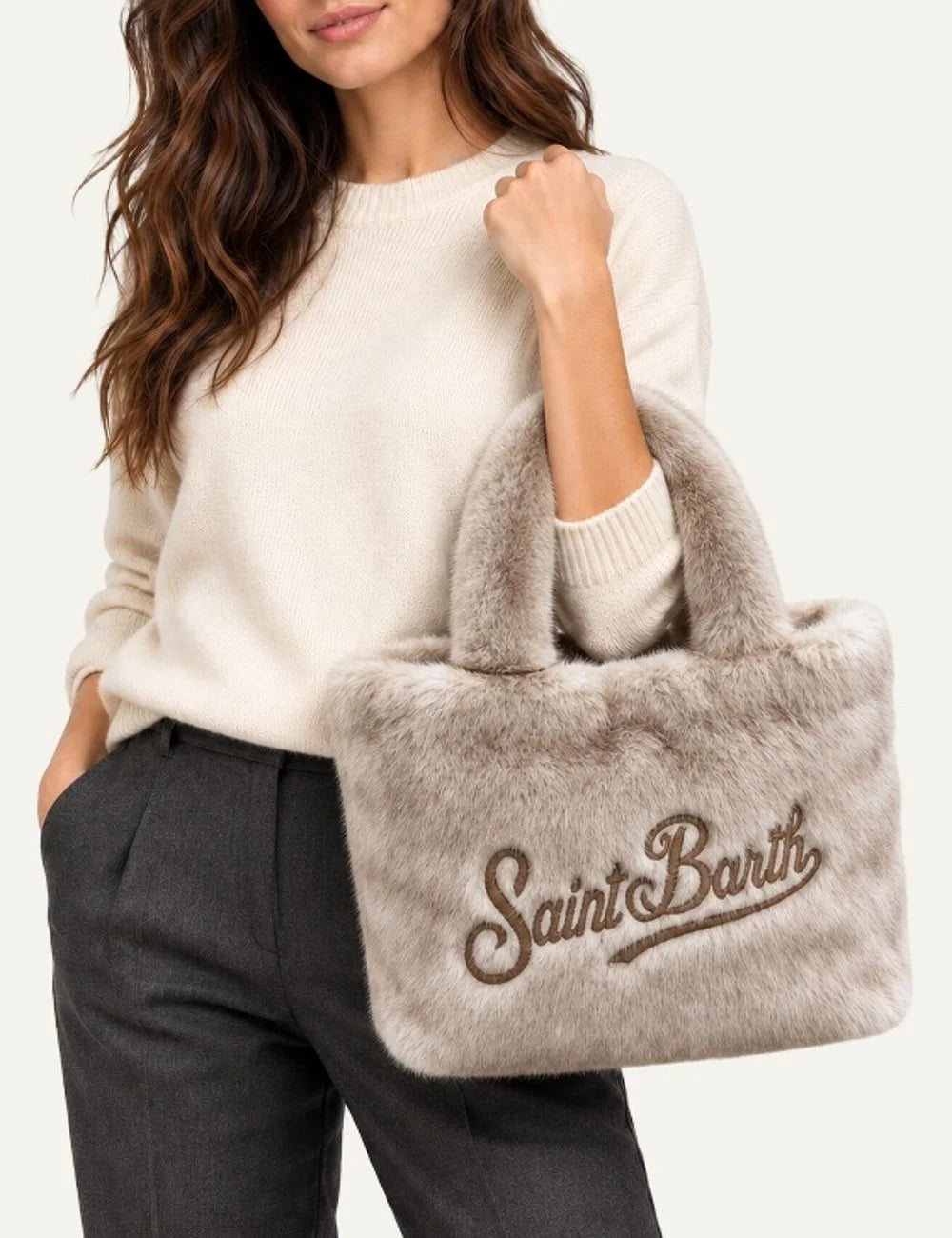 Mc2 Saint Barth Colette Soft Fur beige faux fur tote bag with two plush handles and brown embroidered Saint Barth logo model