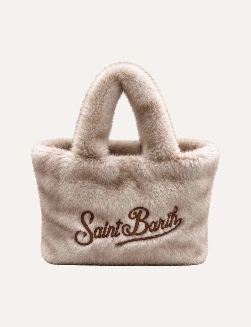 Mc2 Saint Barth Colette Soft Fur beige faux fur tote bag with two plush handles and brown embroidered Saint Barth logo