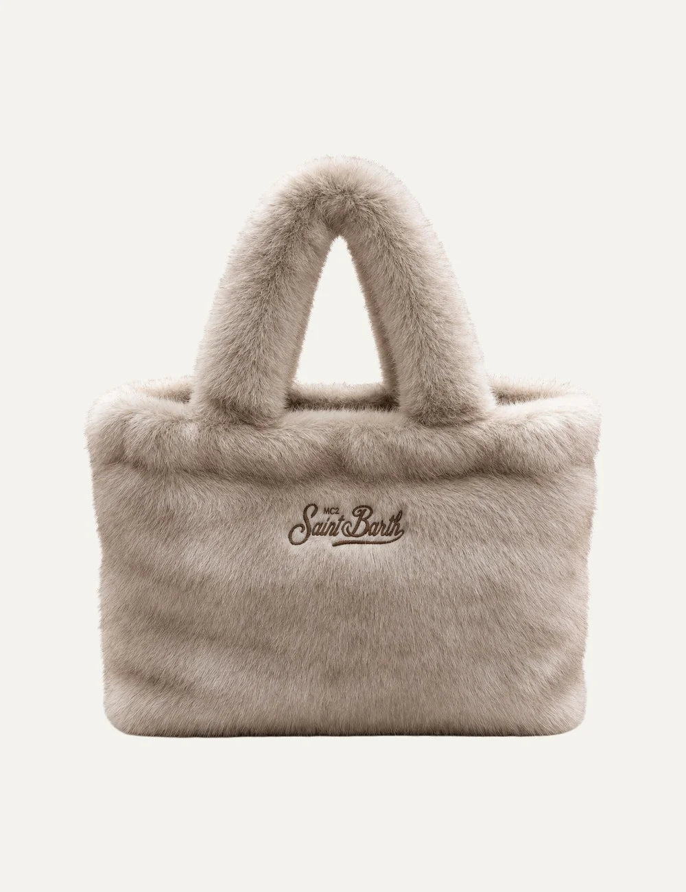 Mc2 Saint Barth Colette Soft Fur beige faux fur tote bag with two plush handles and brown embroidered Saint Barth logo back