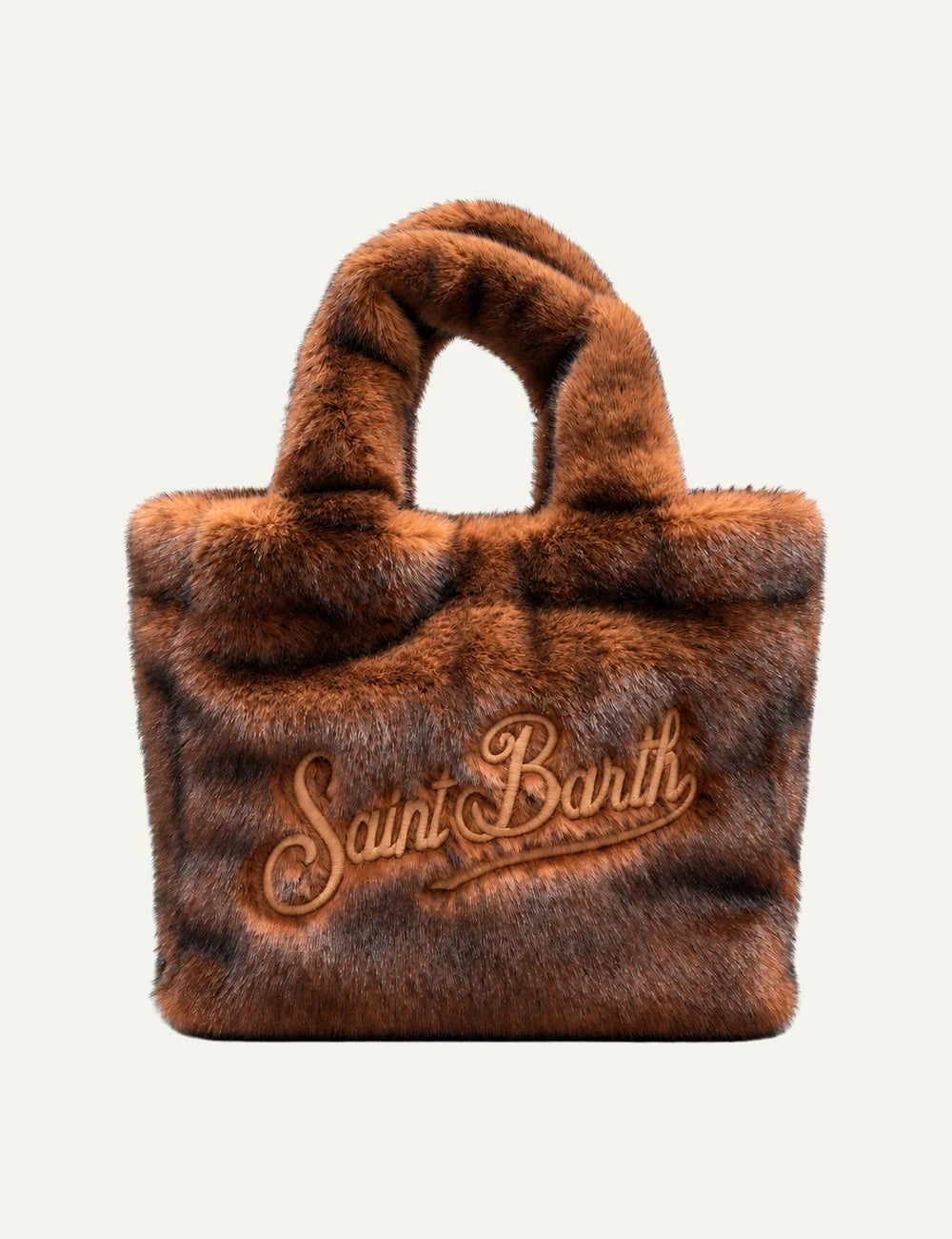 Mc2 Saint Barth Colette Soft Fur brown faux fur tote bag with copper tones, dark shading, plush handles and embroidered logo