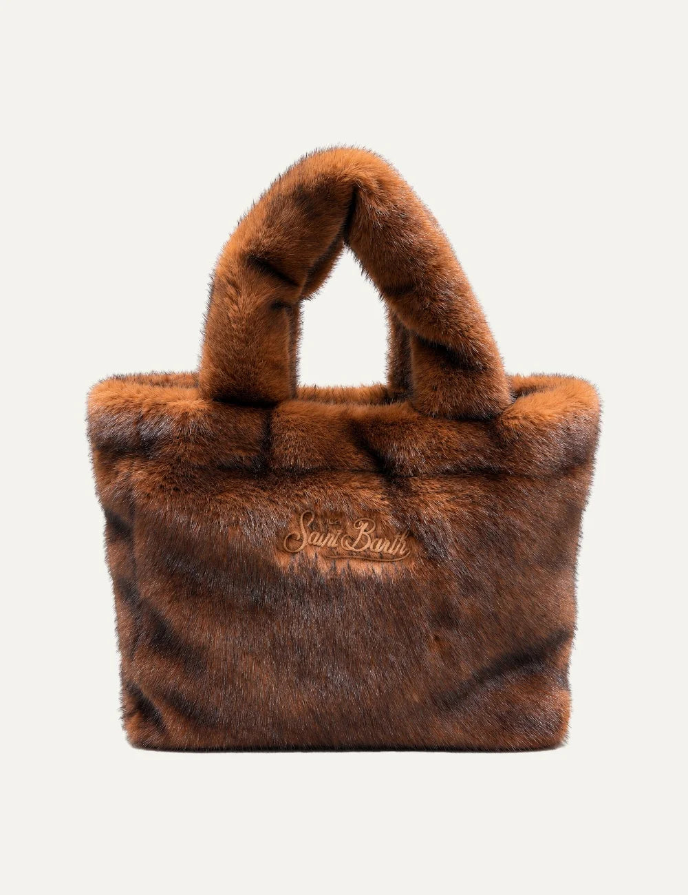 Mc2 Saint Barth Colette Soft Fur brown faux fur tote bag with copper tones, dark shading, plush handles and embroidered logo back