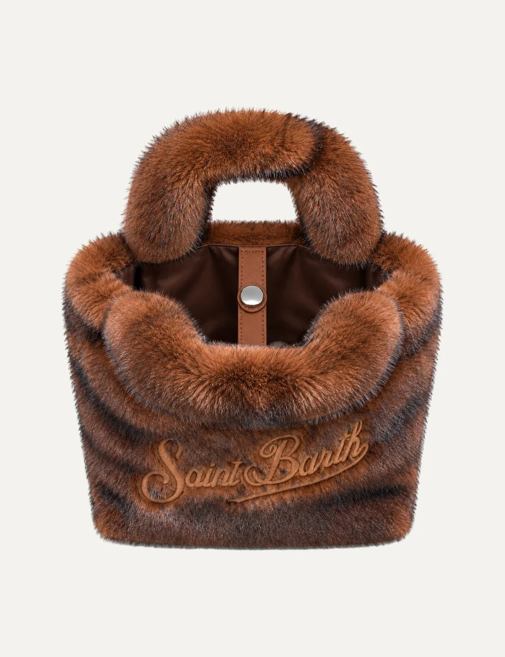 Mc2 Saint Barth Colette Soft Fur brown faux fur tote bag with copper tones, dark shading, plush handles and embroidered logo top